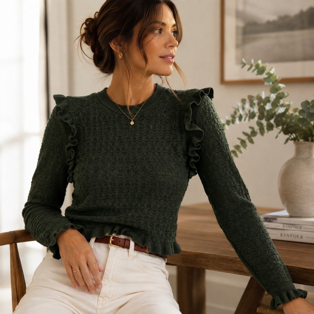 Zara Pointelle Knit Ruffle Long Sleeve Sweater Dark Green Size‎ L NWT
